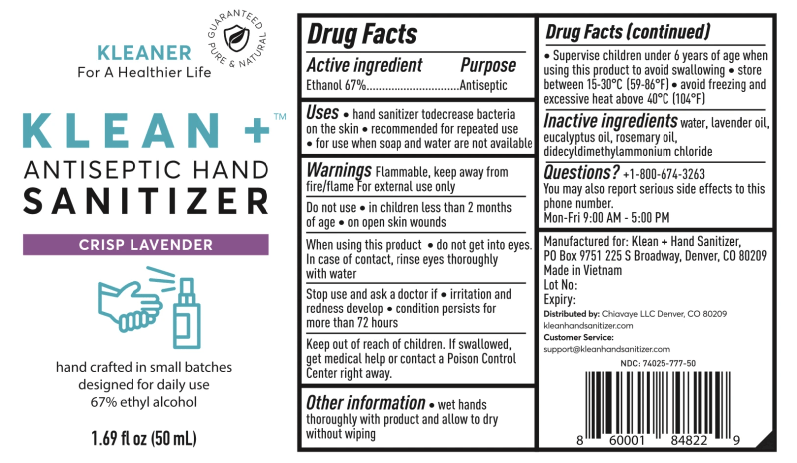 Klean+ Hand Sanitizer Lavender 1.69 oz